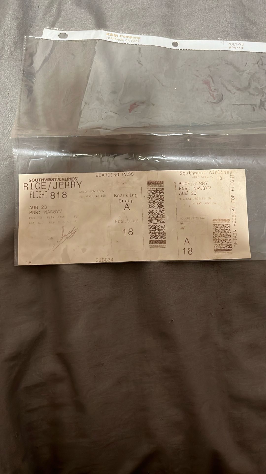 Jerry Rice Boarding Pass Signed By Him