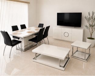 Modern White & Chrome Furniture Set – Dining Table, Buffet, Coffee & End Table