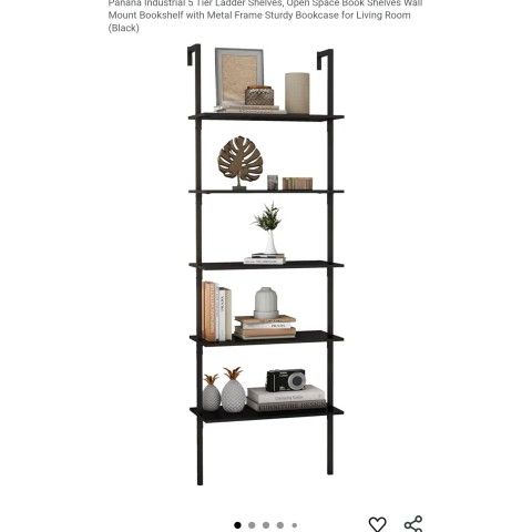 Black Metal 5 Tier Ladder Shelf Wall Mounted Open Bookcase