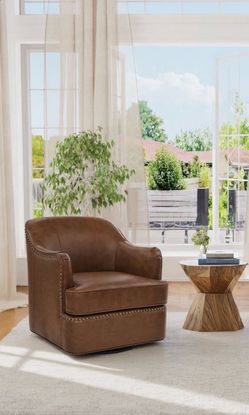 Genuine Leather Swivel Barrel Chair