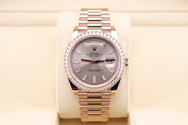 Rolex Day-Date 40 Pink Sundust Baguette Dial Factory Diamond Bezel 228345RBR