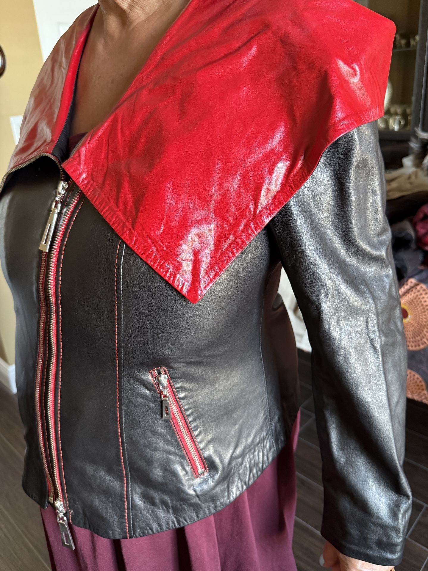 Red and Black Women's Leather Jacket