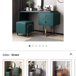 FUKAYI Vanity Makeup Table Set, Vanity Table with Mirror and Stool, Dressing Table with Drawers, Dresser Desk for Wife Girlfriend (Green, 100cm Wide T