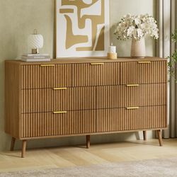 55" W Fluted Dresser for Bedroom with 7 Drawer, Modern Chest of Drawers with Metal Handle and Curved Profile Design, Wood Dresser TV Stand & Storage O