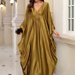 Elegant Golden Olive V-Neck Kaftan Dress for Women, Braided Batwing Sleeves, Loose Fit Maxi Gown, Long Flowing Beach Cover-Up & Casual Outerwear