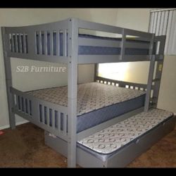 Fullfulltwin Grey Bunkbed W. Ortho Mattress Included 