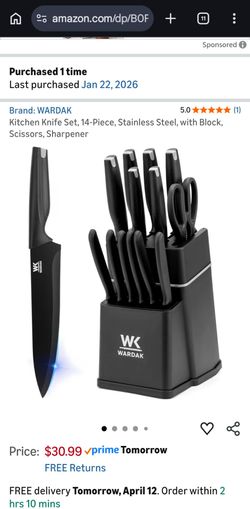 WARDAK Kitchen Knife Set 14 piece Stainless Steel w/Block Scissors, Sharpener (New)
