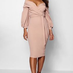 Boohoo Off the Shoulder Wrap Midi Dress