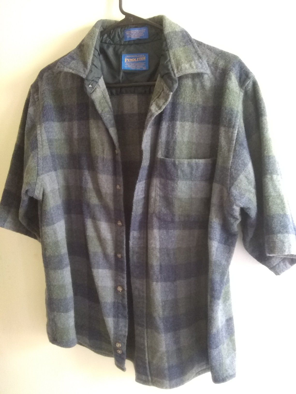 Pendleton Mens Wool Short Sleeve Front Button Shirt XL Plaid Green and Grey