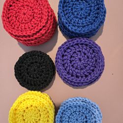 Crocheted nylon scrubbies approx. 3.5" diameter.