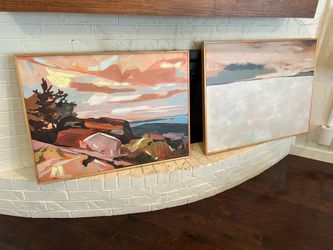 Pair of World Market Large Framed Canvas Art – Hand-Painted Textured Landscapes (38x29 & 40x31)p