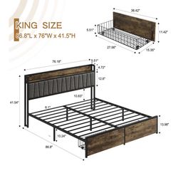 King Size Bed Frame with Storage Drawers and Charging Station, Upholstered Headboard Metal Platform Bed with USB Ports, No Box Spring Needed, Easy Ass