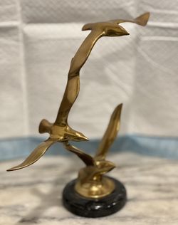 Vintage Brass sculpture titled 'Birds in Flight' on marble base, Mid-Century Modern style