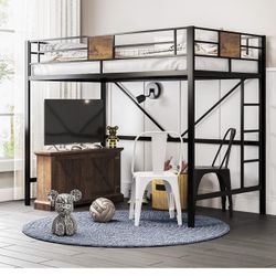 Metal Twin Loft Bed Frame for Juniors and Adults, Space-Saving, Noise Free, with Stairs & Full-Length Guardrail, Black