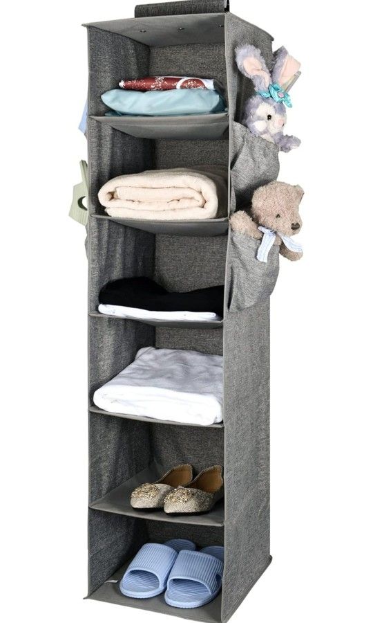 Grey Hanging Closet Organizer, 6-Shelf Clothes Hanging Storage, Collapsible Storage Shelves with 4 Widen Pockets for Clothes and Shoes Accessories