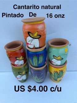 Cantaritos De Barro Natural Con Diseño De 16 Onz. 