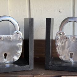 Metal Lock Design On A Black Wood Base Bookends