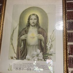 Vintage Picture Vtg. Sacred Heart Of Jesus Consecration Of The Family In Handmade Frame. Signed