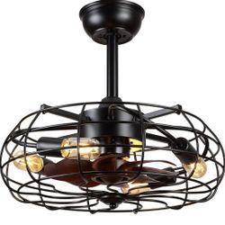 Asyko 20in Caged Ceiling Fan Black With Wood Colored Blades With Remote Reversible Indoor/outdoor  New