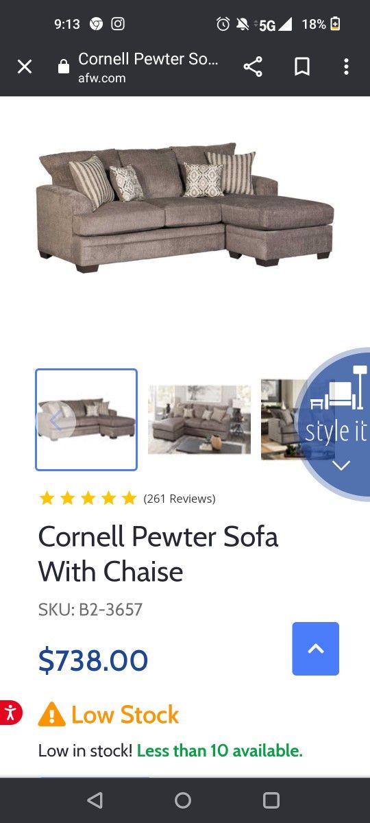 Cornell Pewter Sofa With Chaise