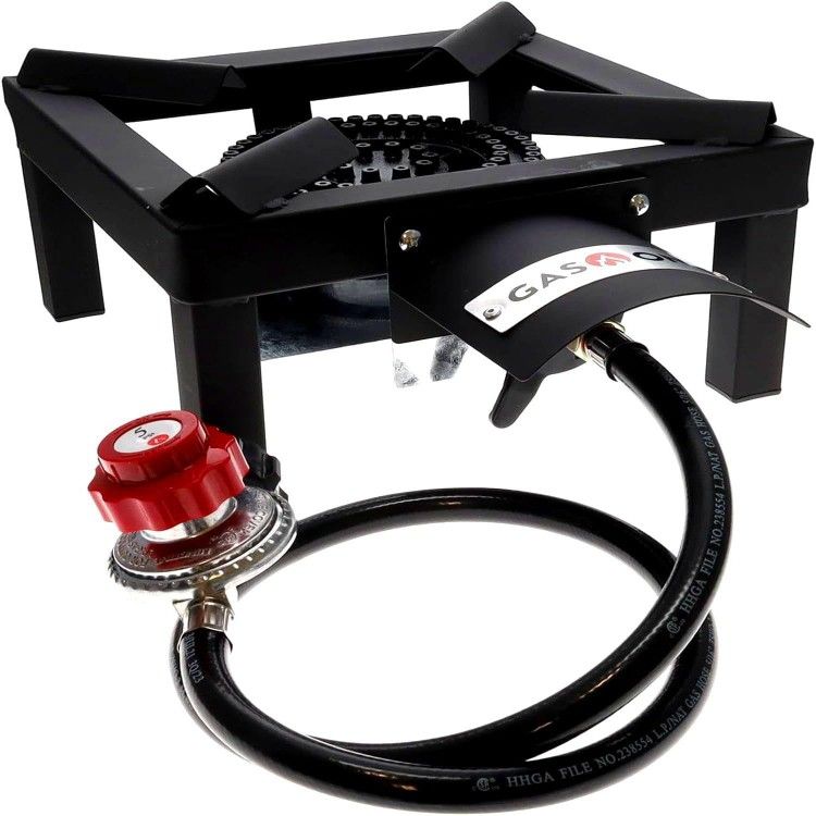 GasOne Single Propane Burner β Propane Burners for Outdoor Cooking with Heat Shield and Guard, Steel Braided Hose β High-Output Propane Burner Head