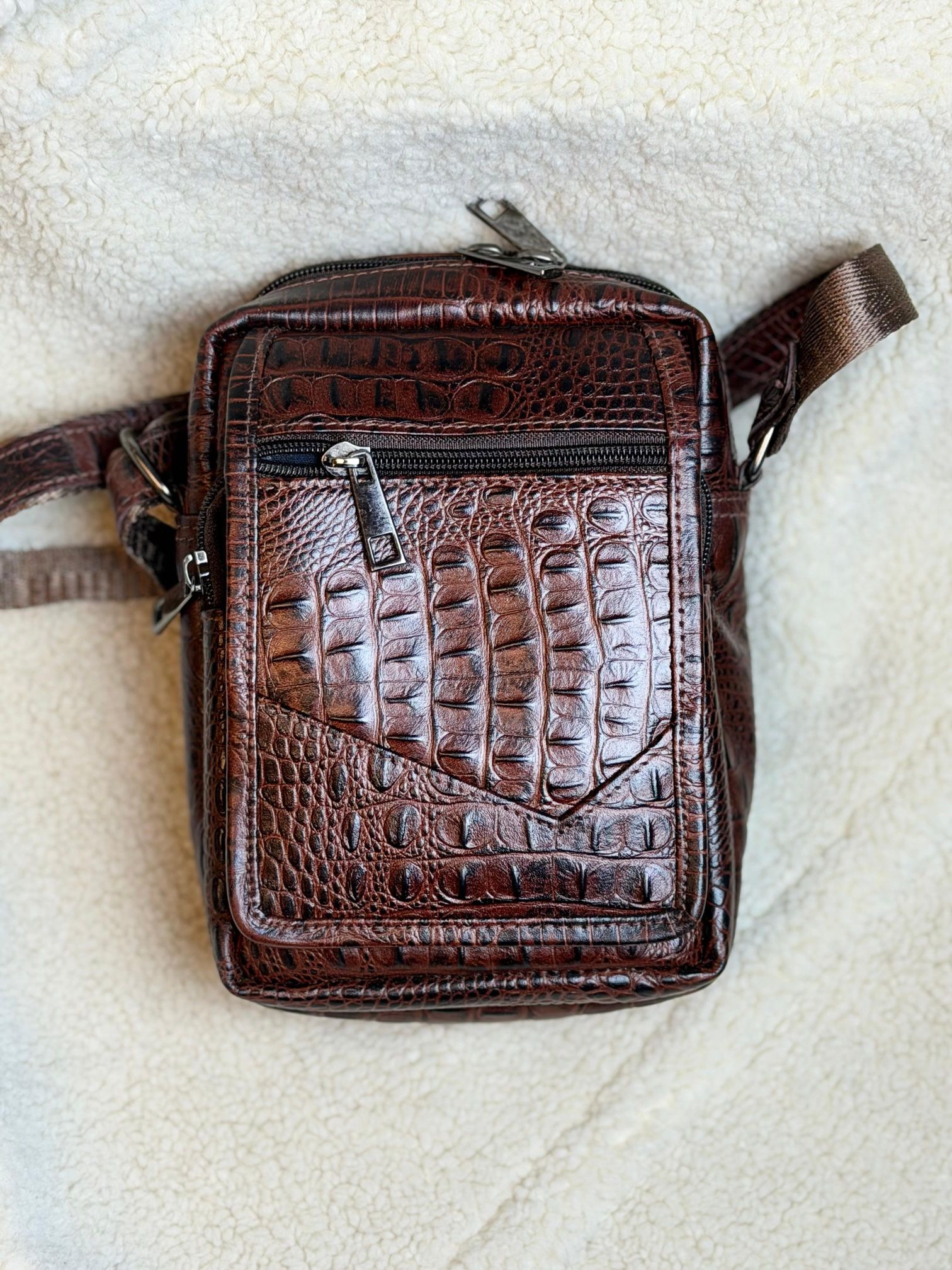 Genuine Brown Crocodile Leather Crossbody Messenger Bag