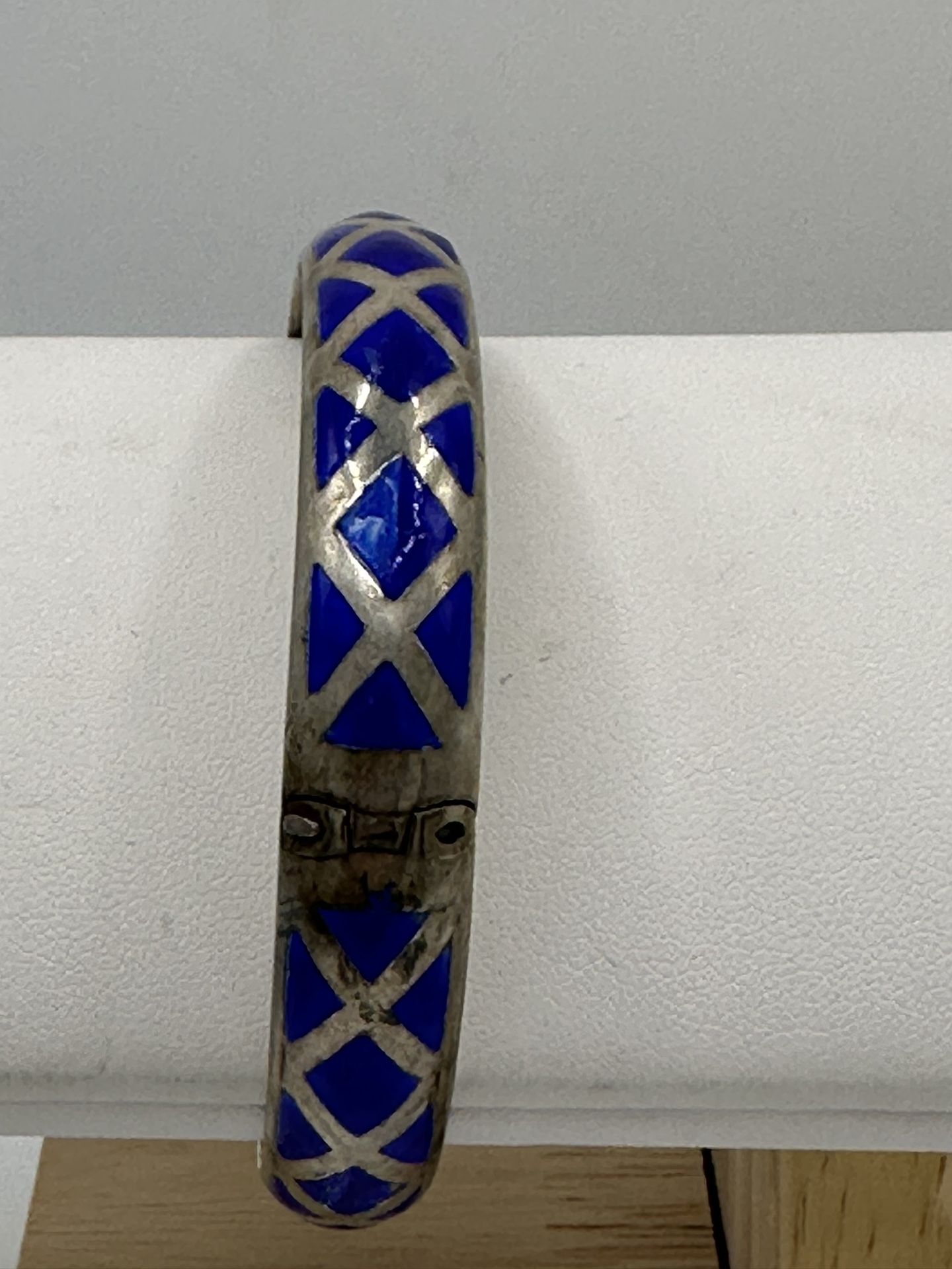 Sterling Silver Bangle Bracelet Blue Enamel Safety Chain Size 7 1/4” Weighs 21.21 Grams Sold As Is Enamel Needs Repaired