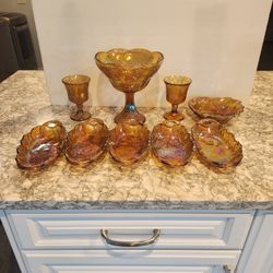 Collection of Carnival Glass, 9 Pieces of Marigold glass