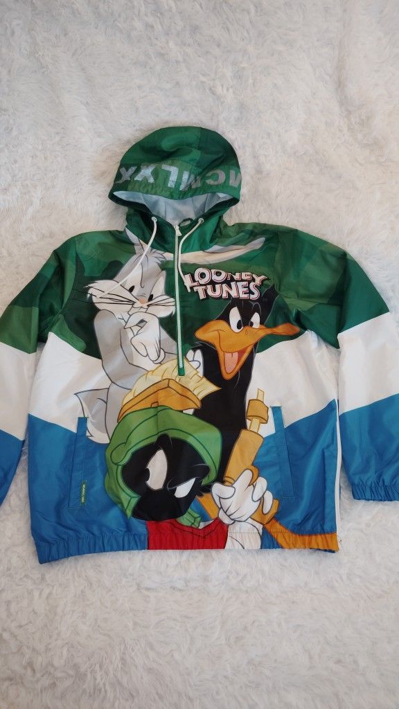 Men's Members Only Looney Tunes Bugs Daffy Marvin Taz Cartoon Windbreaker Hooded Nylon Jacket ZipUp SZ S