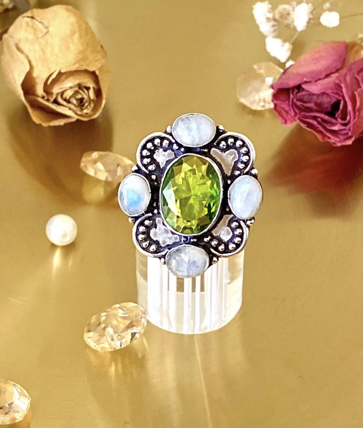 Rainbow Moonstone And Peridot 925 Sterling Silver Overlay Handcrafted Ring Size 7.75