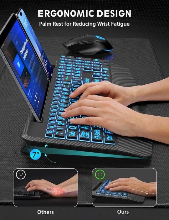 Wireless Keyboard and Mouse Backlits, Wrist Rest, LED Mouse, Rechargeable Ergonomic Keyboard with Phone Holder, Silent Light Up Combo for Computer