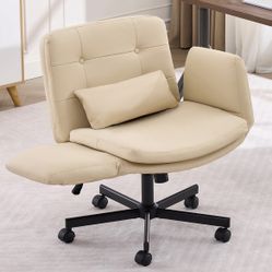 Criss Cross Office Chair with Wheels & Adjustable Armrests, Extra Wide Seat PU Leather Vanity Chair, Comfortable Swivel Computer Desk Chair for Home O