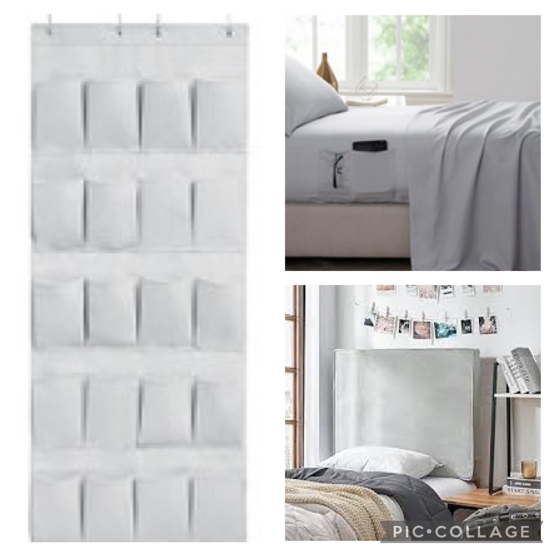 Dormco Dorm Head Board, Twin XL Sheets, & Over The Door Shoe Pockets (Glacier Gray)