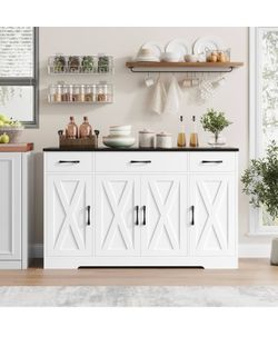 new Hostack  White & Black Top Farmhouse X Doors Sideboard Buffet Cabinet Storage