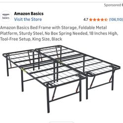 Amazon Basics Bed Frame with Storage, Foldable Metal Platform, Sturdy Steel, No Box Spring Needed, 18 Inches High, Tool-Free Setup, King Size, Black