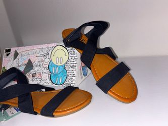 Trary Navy Blue & Tan Flat Strappy Sandals Women's Size 5.5 NWT - Elastic Ankle Strap Comfort Slides Beach Summer Off-Duty Campus Casual