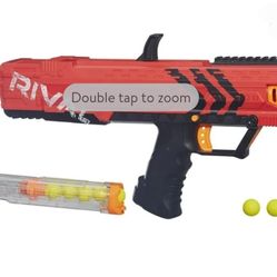 Red Nerf Rival Apollo XV-700 Blaster with two magazines filled with yellow rounds