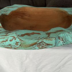 Hand Carved Wooden Bowl Turquoise Paint 