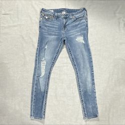True Religion Mid Rise Super Skinny Blue Denim Jeans Medium Wash Distressed