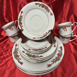 Vintage Poinsettia & Ribbons 16pc Porcelain Christmas Dinnerware Set