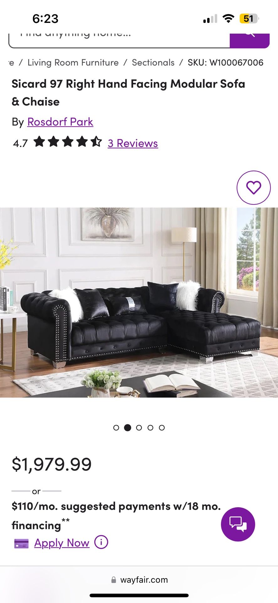 High-End Black Velvet Sectional Sofa – Originally $1,900!
