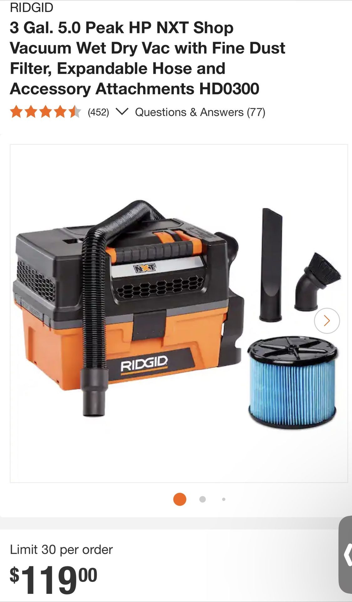 3 Gal. 5.0 Peak HP NXT Shop Vacuum Wet Dry Vac 