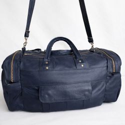Navy Full-Grain Leather Duffel Bag – Thick Leather Travel / Weekender