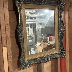 Antique Dark Green Painted Gold Gilded Wood Mirror 