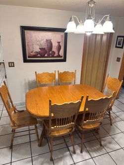 Beautiful solid oak formal dining set  vintage pressed-back oak dining chairs
