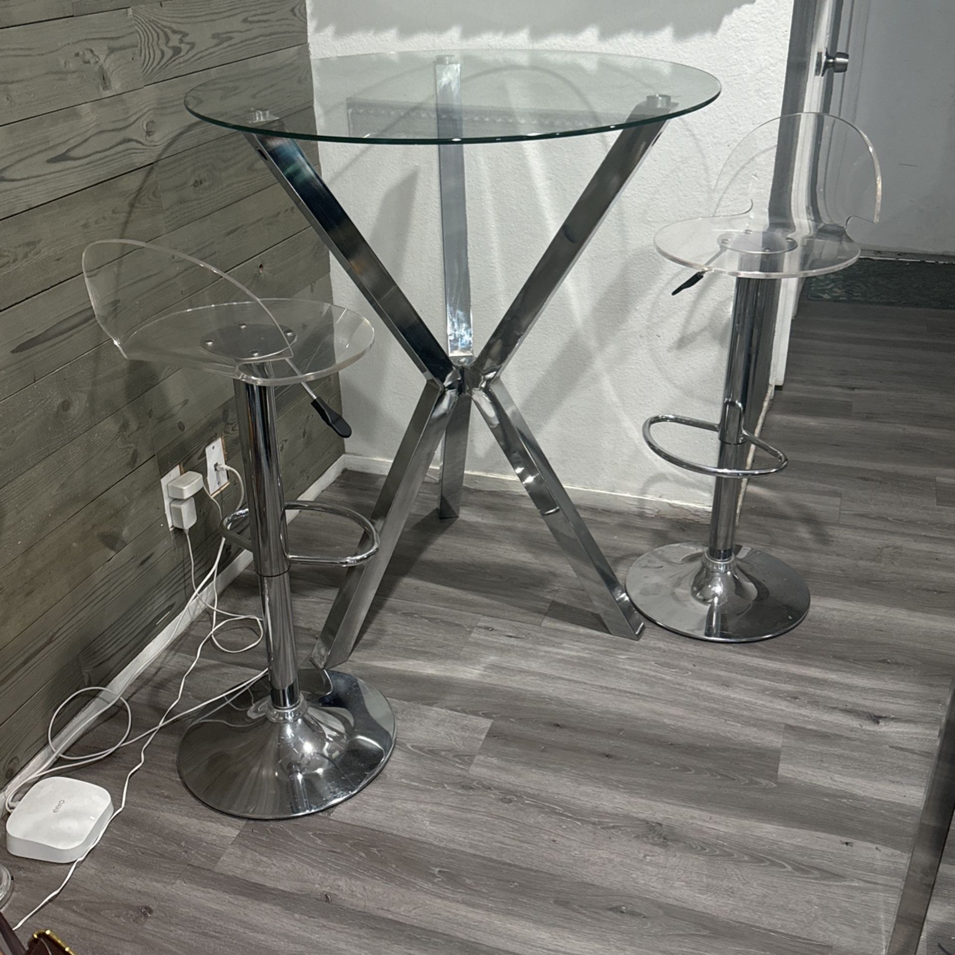 Clear Glass Table & 2 Clear Adjustable stools 