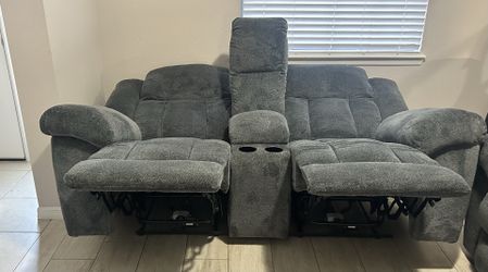 Blue Electric Reclining Sofa and Loveseat with Cupholders