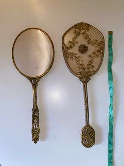 TWO Vintage Gold Handheld Vanity Mirrors