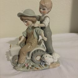 Porcelain Figurine Two Boys Friends And The Dog Playing With The Car