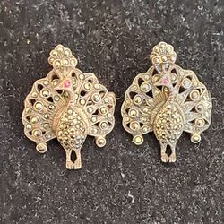 Pair Of Vintage Sterling Silver/Marcasite Peacock Brooches,1.12"